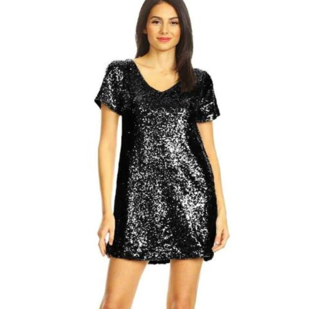NEW Anna-Kaci Sequin Shift Tunic T-Shirt Mini Dress sz large black